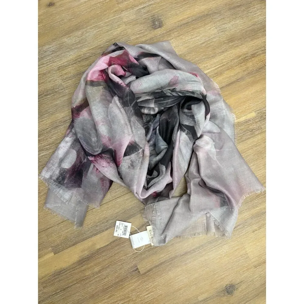 Laura Women’s Scarf Wrap Shawl Gray Floral 100% Polyester Lightweight Fringe